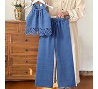 1 pezzo Set top senza maniche e pantaloni per ragazze, design versatile alla moda con collo a canottiera e schiena scoperta, tessuto intrecciato, top aderente + pantaloni a gamba dritta rilassata, ada