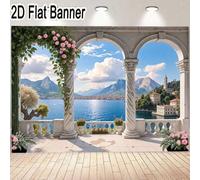 1 pezzo Sfondo banner con vista sul lago e terrazza in stile classico europeo, con colonne romane e ringhiere scolpite, decorato con viti di rose rosa e piante in vaso, adatto per decorazione interna 