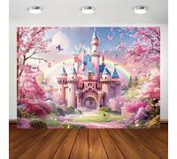 1 pezzo Sfondo di un castello da fiaba con foresta di ciliegi rosa e arcobaleno, in poliestere, senza alimentazione, per fotografia, compleanno, matrimonio, decorazione per feste di principesse 180x13