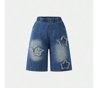 1 pezzo Shorts di jeans casual con design a stella traforata e effetto vissuto, adatti per l'estate, per ragazze alla moda 7Y,8Y,9Y,10Y,11Y,12YGeometrico,RetroDenim