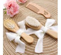 1 pezzo Spazzola per capelli in legno per neonati con incisione personalizzata del nome e icona, set di spazzola e pettine per neonati personalizzato con fiocco, spazzola districante in legno personal