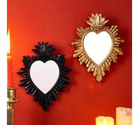 1 pezzo Specchio da parete a forma di cuore con rilievo a raggiera del Sacro Cuore europeo, specchio decorativo piccolo a forma di cuore in resina bicolore nero e oro, specchio da toeletta stile vinta