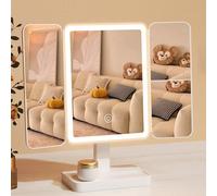 1 pezzo Specchio per trucco a LED con supporto in finta pelle e batteria ricaricabile, controllo touch smart, pieghevole, a tema cartone animato, superficie lucida, cornice in plastica, alimentato tra