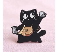 1 pezzo Spilla smaltata con gatto nero da barista, gatto carino che indossa un grembiule da caffè e tiene una tazza di caffè, spilla, distintivo da bavero, regalo per amici Tagli UnicaLega di zinco