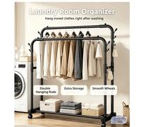 1 pezzo Stender da camera da letto multifunzionale autoportante con doppia asta, organizer per abiti in metallo & stender per abiti nero con ruote con rotelle per lo stoccaggio in camera da letto, l'e