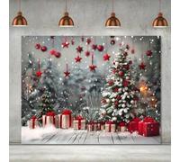 1 pezzo Striscione piatto 2D, Sfondo magico natalizio - Scena forestale con ornamenti rossi e fiocchi di neve, adatto per feste natalizie, matrimoni e decorazioni esterne, disponibile in varie misure,