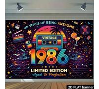 1 pezzo Striscione sfondo stile retrò neon per il 40° compleanno del 1986, con cassette, dischi in vinile e gli anni '80. Adatto per feste di 40° compleanno, allestimenti per feste, decorazioni per fe