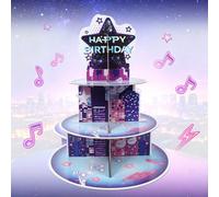1 pezzo Supporto per cupcake a 3 ripiani a tema musicale, stampa di architettura di città notturna galattica viola, tema K-POP, decorazione da centrotavola, supporto per esposizione di torte e dolci, 