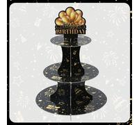 1 pezzo Supporto per cupcake di compleanno nero e oro, Supporto per dolci a 3 ripiani con design di palloncini glitterati nero e oro, Forniture per feste di compleanno 30/40/50/60 anni, Decorazione to