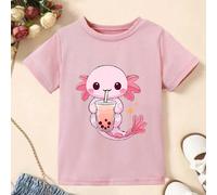1 Pezzo T-shirt a maniche corte a collo tondo per ragazze giovani, con stampa divertente di una salamandra che beve tè al latte, adatta per abbigliamento casual di moda per primavera, estate e autunno