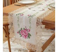 1 pezzo Tappeto da tavola in tessuto di lino e poliestere con ricamo a punto croce, ricamo e bordo in pizzo, stile lussuoso e alla moda, adatto per cucina, tavolo da pranzo, tavolino da caffè, tavolo 