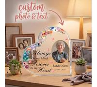 1 pezzo Targa commemorativa in acrilico a forma di cuore personalizzata con foto e testo, ricordo di cordoglio personalizzato con bordo floreale, citazione "Sempre nei miei pensieri, per sempre nel mi