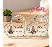 1 pezzo Targa personalizzata a forma di cuore per il battesimo con foto - Ricordo elegante con decorazioni floreali, nome e data - Regalo di battesimo Dio ti benedica, decorazioni per il giorno del ba