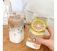 1 pezzo Tazza da caffè quadrata resistente al calore da 400 ml con coperchio e cannuccia, trasparente, per latte, tè, succhi, tazza da caffè per casa, bar, stoviglie, forniture per il ritorno a scuola