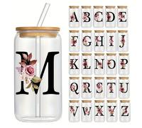 1 pezzo Tazza in vetro stampato con lettere con cannuccia e coperchio, 480ml Semplice e bello, tazza trasparente con base piatta per bevande calde, per l"uso a casa o nel caffè" L,M,S,H,A,O,B,C,D,E,F,