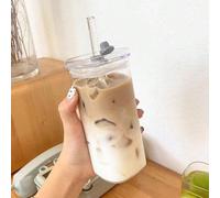 1 pezzo Tazza quadrata in vetro resistente al calore da 400ml con coperchio e cannuccia, trasparente, adatta per tè al latte, succhi, bar domestico, forniture per il ritorno a scuola Piccola spazzola