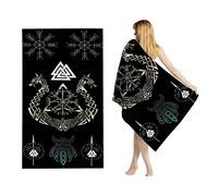 1 pezzo Telo da spiaggia a tema vichingo ad asciugatura rapida - fibra ultra morbida e super assorbente, nero con un intricato motivo vichingo, ideale per spiaggia, piscina, campeggio, yoga e fitness,