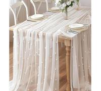 1 pezzo Tessuto trasparente decorato con perle finte, sfondo fotografico, può essere usato come runner da tavolo, tovaglia da tavolo con sfondo di perle, tovaglia da matrimonio bianca e trasparente co