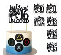 1 Pezzo Topper per torta di compleanno con glitter neri "Video Game Level 8-16 Sbloccato", decorazioni per torta di compleanno dai 8 ai 16 anni, forniture per decorazioni festa di compleanno a tema Le
