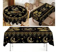 1 pezzo, Tovaglia nera e dorata per il Ramadan Kareem, in poliestere con design a stelle, lune e fiori, copritavolo rettangolare/rotondo per tavolo da cucina e da pranzo, decorazioni per feste in casa