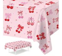 1 pezzo Tovaglia usa e getta con tema fiocco rosa e ciliegie, motivo a ciliegie e fiocchi, adatta per feste di compleanno a tema ciliegie, matrimoni, festa di nascità, decorazione tavolo da pranzo, de