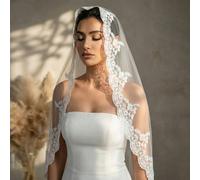1 pezzo Velo da sposa in pizzo senza pettine, velo elegante adatto per abito da sposa, accessorio per la cerimonia di matrimonio in chiesa 1,5 metri di lunghezzaPiantePoliammide