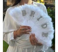 1 pezzo Ventaglio pieghevole bianco con decorazione a perle finte, piume e lettera per la sposa, accessorio fotografico, decorazione per doccia nuziale, festa di matrimonio, elegante regalo per il mat