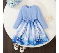 1 pezzo Vestito a maniche lunghe per bambine, azzurro baby autunnale per il 7° compleanno, abbigliamento per bambini, decorazione con fiocco in vita, collo rotondo, motivo cartone animato principessa 