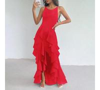 1 pezzo Vestito a tinta unita, girocollo, corto davanti e lungo dietro, con volant, senza maniche, con disegno floreale casuale, per abito lungo da donna da indossare per il nuovo anno L,M,S,XLColore