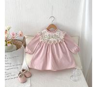 1 pezzo Vestito bambina con colletto in pizzo ricamato, rosa a maniche lunghe, comodo e casual, adatto per primavera e autunno 6Y,4Y,5Y,12-18M,18-24M,2-3YFloreale,Colore unico,PianteMiscele di cotone