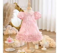 1 pezzo Vestito casual da bambina con maniche a lanterna, colletto e orlo in rete, comodo e versatile per la moda quotidiana, adatto per feste di compleanno, serate, eventi, matrimoni, battesimi, ceri