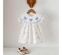 1 pezzo Vestito da bambina con stampa floreale, colletto con ricamo a farfalla, maniche corte, ampio, elegante, adatto per vacanze estive, uscite, feste 4Y,5Y,6-9M,9-12M,18-24M,2-3YPianteTessuto