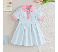 1 pezzo Vestito da ragazza rosa con patchwork a righe blu e bianche, colletto polo con bottoni, ricamo di cavallo animale, stile coreano casual sportivo elegante e dolce, gonna corta con silhouette a