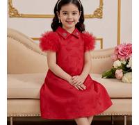 1 pezzo Vestito estivo da ragazza con collo, maniche a cappuccio, design floreale con strass, schiena in rete, linea dritta, semplice ma alla moda ed elegante, stile principessa 6Y,7Y,4Y,5YColore unic