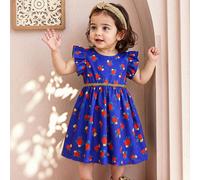 1 pezzo Vestito floreale digitale per bambine, base blu con motivo a fiori rossi e gialli, design con maniche a sbuffo per dolcezza, cintura dorata che valorizza la vita, stile fresco e carino adatto 