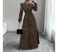 1 pezzo Vestito lungo da donna con stampa leopardata, volant e collo annodato, manica lunga, elegante per l'autunno L,M,S,XL,XS,XXLLeopardo,Motivo strutturatoTessuto intrecciato
