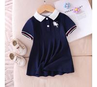 1 pezzo Vestito polo blu navy e bianco per bambina con stampa cavallo carino, colletto e polsini a costine, estivo, per il ritorno a scuola, maniche corte, outfit casual per bambini piccoli 6-9M,9-12M