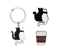 1 Portachiavi Per Gatti In Bianco E Nero E 2 Spille Per Cartoni Animati, Tazza Da Caffè E Tema Per Gatti, Ciondolo In Stile Minimalista, Decorazione Di Borse Curative.