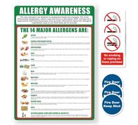 1 poster di sensibilizzazione sulle allergie alimentari, 3 vietato fumare o svapare in questi locali e 3 porte antincendio Keep Shut, poster per la salute e la sicurezza per cucine