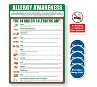 1 poster per la sensibilizzazione sulle allergie alimentari, 1 non fumare o svapare in questi locali e 5 porta tagliafuoco Keep Shut, poster per la salute e la sicurezza per cucine