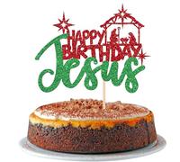 1 pz Happy Birthday Gesù Cake Topper Glitter Buon Natale Natività Gesù Torta di Compleanno Pick per Presepe Tema Natale Gesù Festa di Compleanno Decorazioni per torte Forniture Verde Rosso