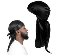1 pz Silky Durag, Premium Silk Du Rags per uomini e donne, raso setoso Durag, traspirante, copricapo pirata senza pieghe, coda lunga Durag per donne uomini hip-hop decorazione quotidiana (nero)