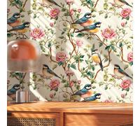 1 Rotolo di carta da parati retrò rinforzata, elegante con motivi di rami di peonie, uccelli, foglie verdi e rami marroni, adatto per decorazioni domestiche, mobili da cucina, tavoli e sedie, sfondi p