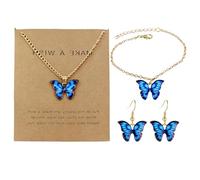 1 Royal Blue Farfalla Collana, 1 Braccialetto E 1 Paio di Orecchini, Catena Clavicola Regolabile, Estate Romantico Braccialetto, Vacanza Indossare Accessori di Corrispondenza.