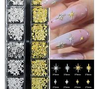 1 Scatola 12 pezzi Borchie per unghie a forma di stella in oro e argento lucido - Decorazioni per unghie in metallo 3D a forma di stella, farfalla, fiore, luna, gioielli per unghie, charm per unghie L