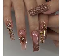 1 Scatola (24 pezzi) Unghie finte morbide e alla moda, con design a righe dorate, fiori 3D e effetto acqua ondulata di colore marrone, adatte per tutte le ragazze e le donne, con lima accessoria, ungh