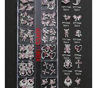 1 Scatola (60 pezzi) Eleganti decorazioni per unghie in metallo argentato a forma di fiocco, luna, croce, corona e cuore, gioielli per unghie di lusso stile francese dolce, adatti per festival musical