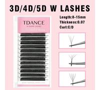 1 scatola TDANCE con 12 file di ciglia individuali 3D, 4D, 5D a forma di W, con riccio a W, fiore a 3D a 4 petali, effetto blooming, spessore 0.07D, lunghezza 8-15mm, ciglia finte individuali Acrilica
