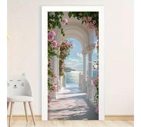 1 Set/2 Pezzi Adesivi da parete e porta rimovibili - Decalcomanie in carta di alta qualità con disegno di un sentiero di rose rosa sul mare, adatti per decorare camera da letto, soggiorno, corridoio, 