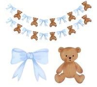1 Set/2 Set, Striscione appendibile fai-da-te con fiocco blu e orsetto marrone per doccia neonato, lungo 2 metri, con scritta "Non vediamo l'ora", decorazioni per festa di nascita a tema fattoria e an
